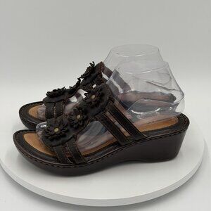 Born Wedge Sandals Womens Size 8M Black Leather Floral Slip On Casual Shoes